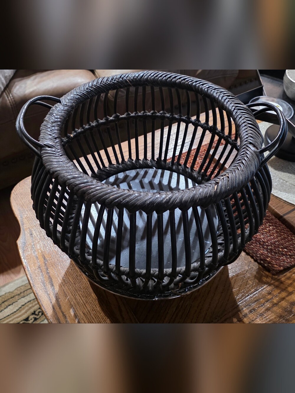 Black Woven Rattan Style Basket with Handles Boho Farmhouse Decor